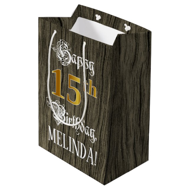 Bolsa De Regalo Mediana 15 Aniversario: Faux Gold Look & Faux Wood Pattern (Angulo reverso)