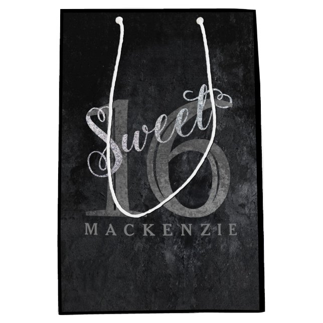 Bolsa De Regalo Mediana 16.º Gris carbonífero | Dulce 16 Purpurina platead (Anverso)