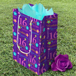 Bolsa De Regalo Mediana 16.º natalicio púrpura amarillo acua nombre de cos