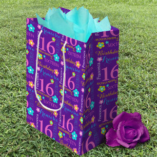 Bolsa De Regalo Mediana 16.º natalicio púrpura amarillo acua nombre de cos