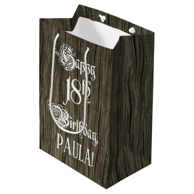 Bolsa De Regalo Mediana 18 Aniversario: Fancy, Faux Wood Look + Custom Nam (Angulo Anverso)