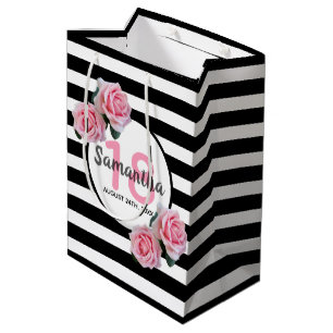 Bolsa De Regalo Mediana 18 años rosas rosas rosas negras rayas blancas