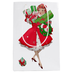 Bolsa De Regalo Mediana 1950 Dama Vintage de Navidad comprando regalos