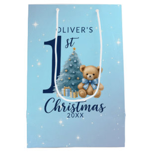 Bolsa De Regalo Mediana 1.ª Navidad Teddy Bear con árbol azul