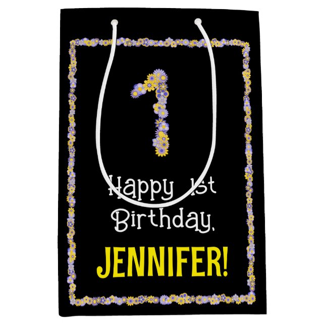 Bolsa De Regalo Mediana 1.ᵉʳ cumpleaños: número de flores florales, nombre (Anverso)