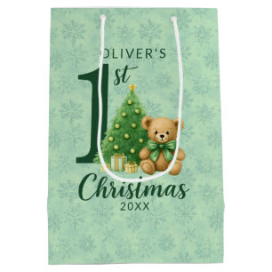 Bolsa De Regalo Mediana 1.ᵉʳ Navidad Teddy Bear con árbol verde