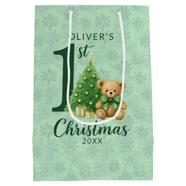 Bolsa De Regalo Mediana 1.ᵉʳ Navidad Teddy Bear con árbol verde (Reverso)