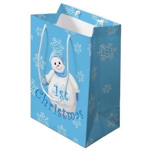 Bolsa De Regalo Mediana 1r Navidad muñeco de nieve y copos de nieve