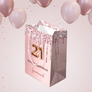 Bolsa De Regalo Mediana 21 cumpleaños purpurina rosa rubor monograma