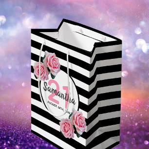 Bolsa De Regalo Mediana 21 cumpleaños rosas rosas rosas rosas negras rayas