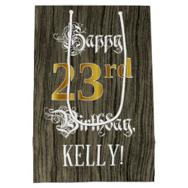 Bolsa De Regalo Mediana 23 Aniversario: Faux Gold Look & Faux Wood Pattern