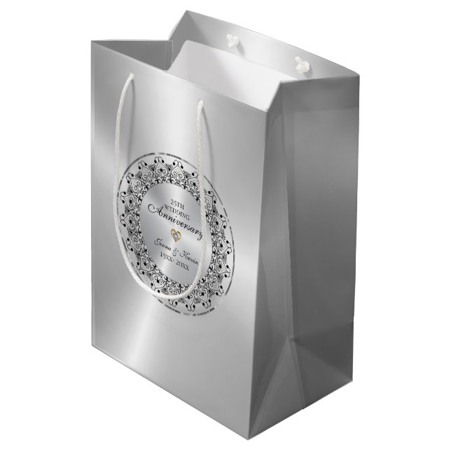 Bolsa De Regalo Mediana 25° Aniversario Boda Mandala negra en plata (Angulo reverso)