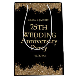Bolsa De Regalo Mediana 25th Wedding Anniversary Gold Faux Glitter