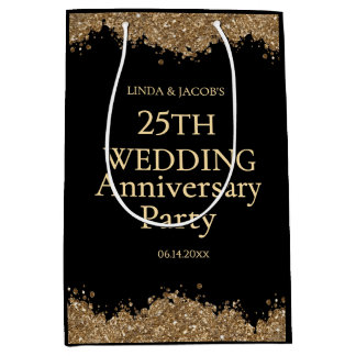 Bolsa De Regalo Mediana 25th Wedding Anniversary Gold Faux Glitter