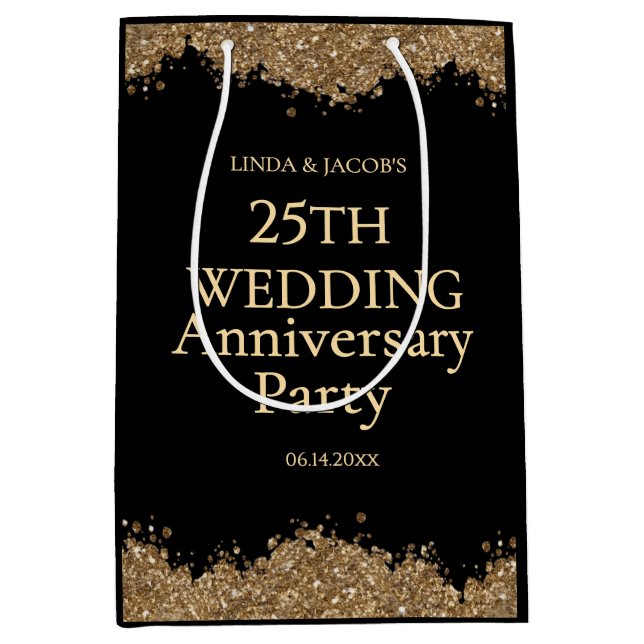 Bolsa De Regalo Mediana 25th Wedding Anniversary Gold Faux Glitter  (Anverso)