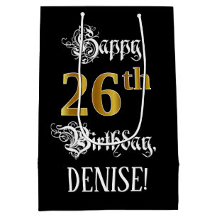 Bolsa De Regalo Mediana 26º cumpleaños ~ Guión Fancy; Mirada Faux Gold; No