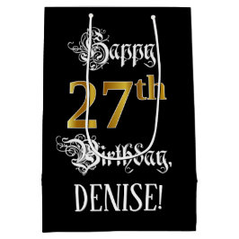 Bolsa De Regalo Mediana 27th Birthday ~ Fancy Script; Faux Gold Look; Name