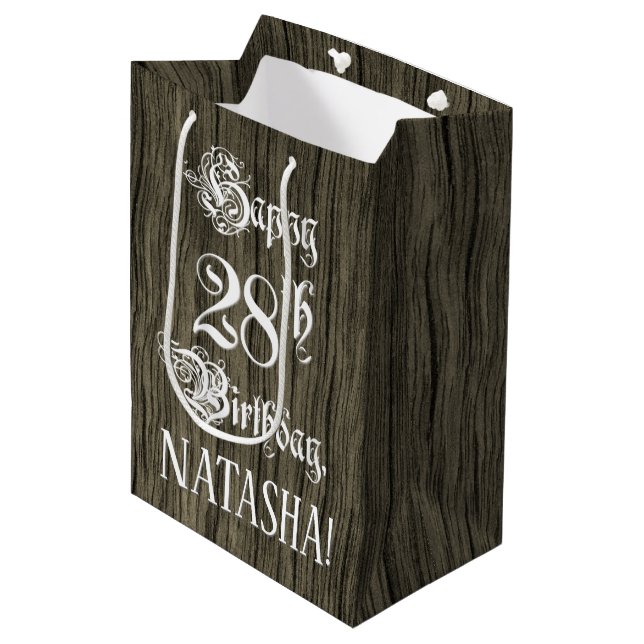 Bolsa De Regalo Mediana 28 Aniversario: Fancy, Faux Wood Look + Custom Nam (Angulo Anverso)