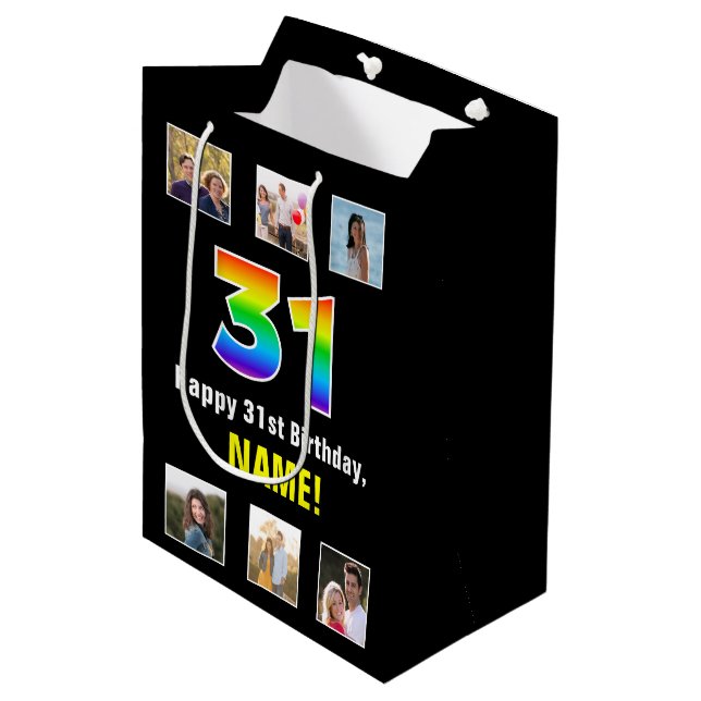 Bolsa De Regalo Mediana 31° cumpleaños: Arcoiris "31", fotos y nombre de P (Angulo Anverso)