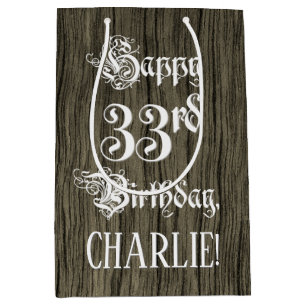 Bolsa De Regalo Mediana 33.ª Cumpleaños: Fancy, Faux Wood Look + Custom Na