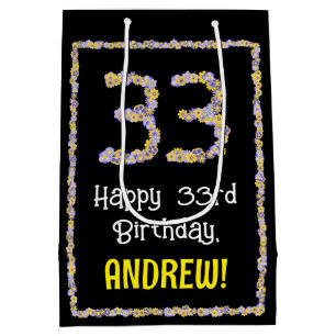 Bolsa De Regalo Mediana 33.º cumpleaños: Flores florales, nombre personali