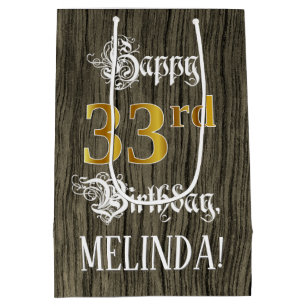 Bolsa De Regalo Mediana 33 Aniversario: Faux Gold Look & Faux Wood Pattern