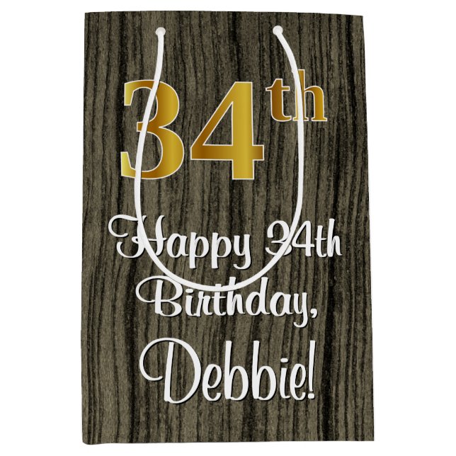 Bolsa De Regalo Mediana 34 Aniversario: Elegante Faux Gold Look #, Faux Wo (Anverso)