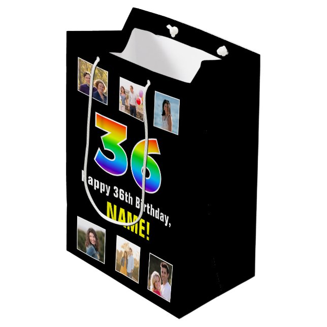 Bolsa De Regalo Mediana 36º cumpleaños: Arcoiris "36", fotos y nombre de P (Angulo Anverso)