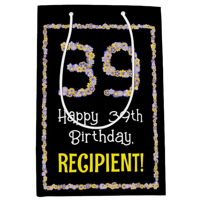 Bolsa De Regalo Mediana 39.º cumpleaños: número de flores florales, nombre (Anverso)