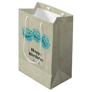 Bolsa De Regalo Mediana 3 Rosas de acuarela Verde azulados en cumpleaños d