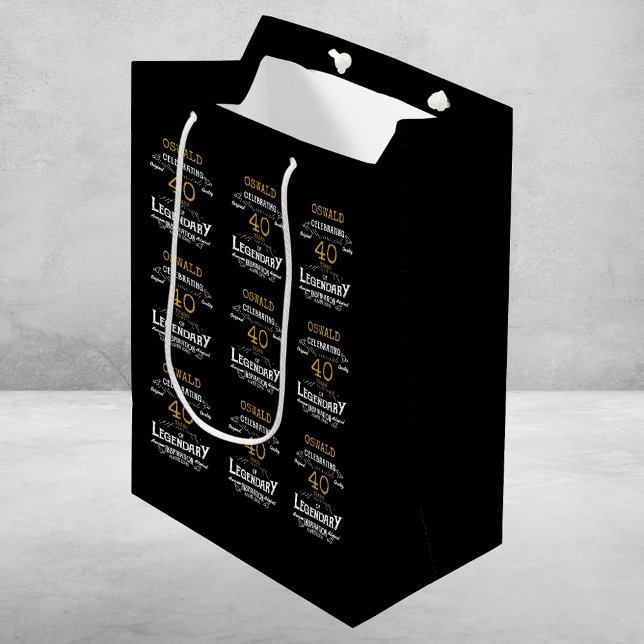 Bolsa De Regalo Mediana 40.º cumpleaños Black Gold Legendario Retro (40th Birthday Black Gold Legendary Retro Medium Gift Bag
)