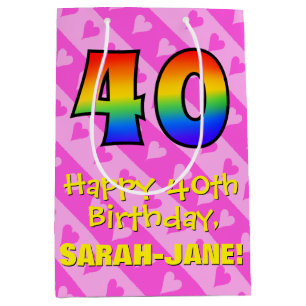 Bolsa De Regalo Mediana 40.º cumpleaños: Rayas de corazón rosadas divertid