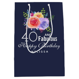 Bolsa De Regalo Mediana 40 y texto fabuloso - acuarela Cumpleaños floral