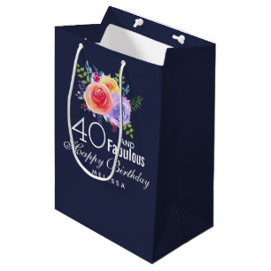 Bolsa De Regalo Mediana 40 y texto fabuloso - acuarela Cumpleaños floral