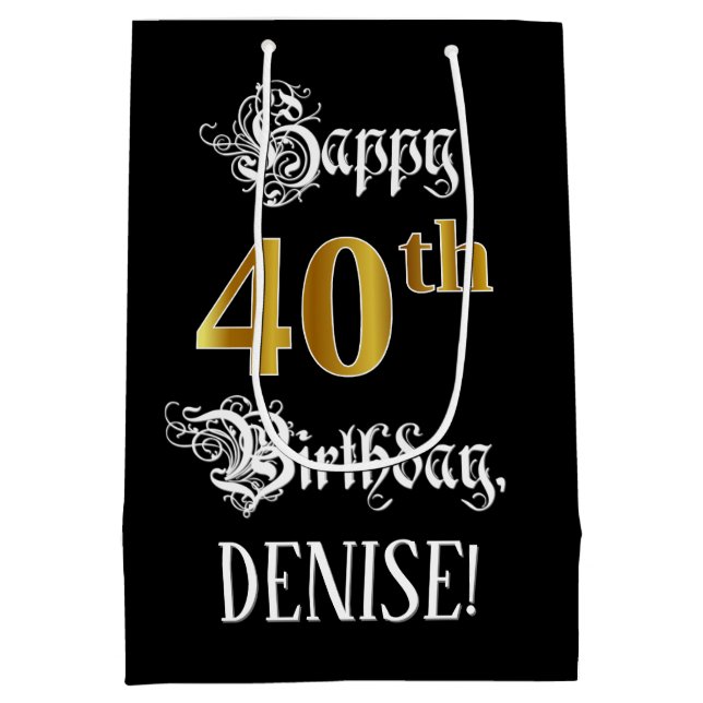 Bolsa De Regalo Mediana 40th Birthday ~ Fancy Script; Faux Gold Look; Name (Reverso)
