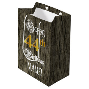 Bolsa De Regalo Mediana 44 Aniversario: Faux Gold Look & Faux Wood Pattern