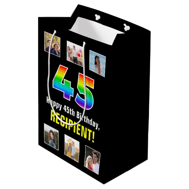 Bolsa De Regalo Mediana 45º cumpleaños: Arcoiris "45", fotos y nombre de P (Angulo reverso)