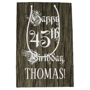 Bolsa De Regalo Mediana 45º cumpleaños: Fancy, Faux Wood Look + Custom Nam