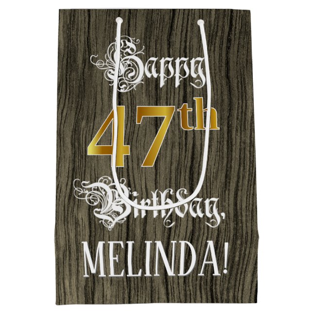 Bolsa De Regalo Mediana 47 Aniversario: Faux Gold Look & Faux Wood Pattern (Reverso)