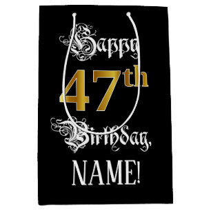 Bolsa De Regalo Mediana 47th Birthday ~ Fancy Script; Faux Gold Look; Name