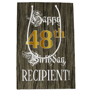 Bolsa De Regalo Mediana 48 Aniversario: Faux Gold Look & Faux Wood Pattern