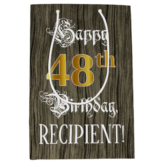 Bolsa De Regalo Mediana 48 Aniversario: Faux Gold Look & Faux Wood Pattern (Anverso)