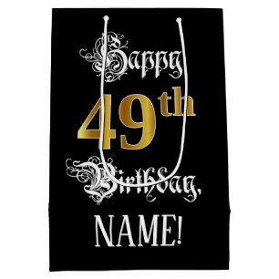 Bolsa De Regalo Mediana 49 cumpleaños ~ Fancy Script; Faux Gold Look; Nomb