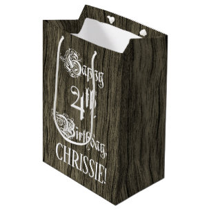 Bolsa De Regalo Mediana 4.º cumpleaños: Fancy, Faux Wood Look + Custom Nam