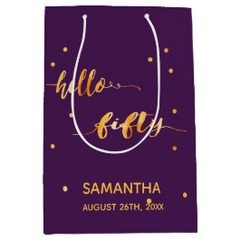 Bolsa De Regalo Mediana 50.ª tipografía de oro morado de cumpleaños modern