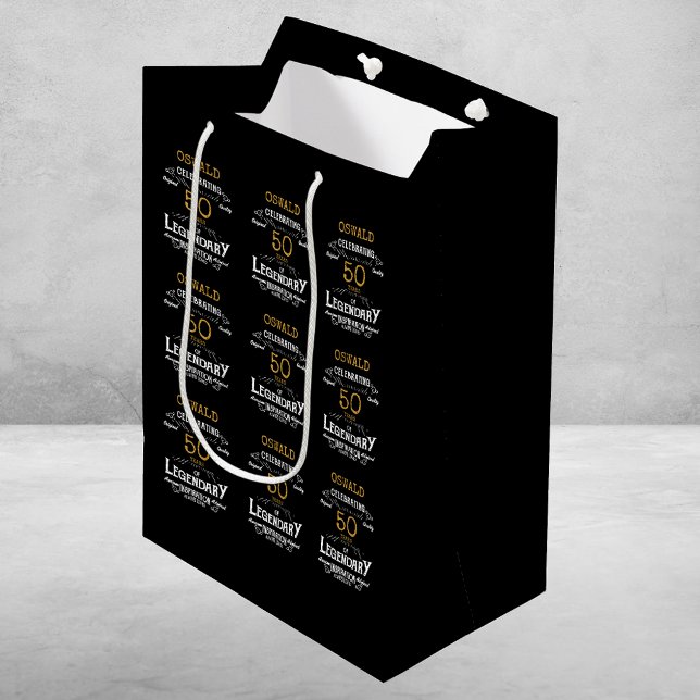 Bolsa De Regalo Mediana 50.º cumpleaños Black Gold Legendario Retro (50th Birthday Black Gold Legendary Retro Medium Gift Bag
)