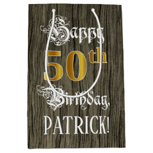 Bolsa De Regalo Mediana 50.º cumpleaños: Faux Gold Look & Faux Wood Patt