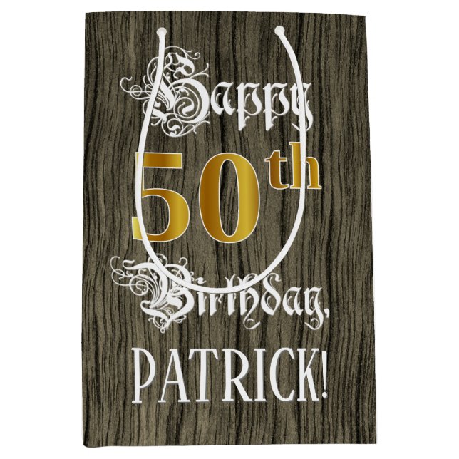 Bolsa De Regalo Mediana 50.º Cumpleaños: Faux Gold Look & Faux Wood Patter (Anverso)