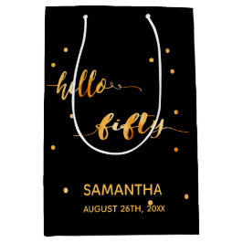 Bolsa De Regalo Mediana 50.º cumpleaños tipografía de nombre dorado negro 