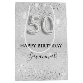 Bolsa De Regalo Mediana 50.º purpurina de plata de cumpleaños